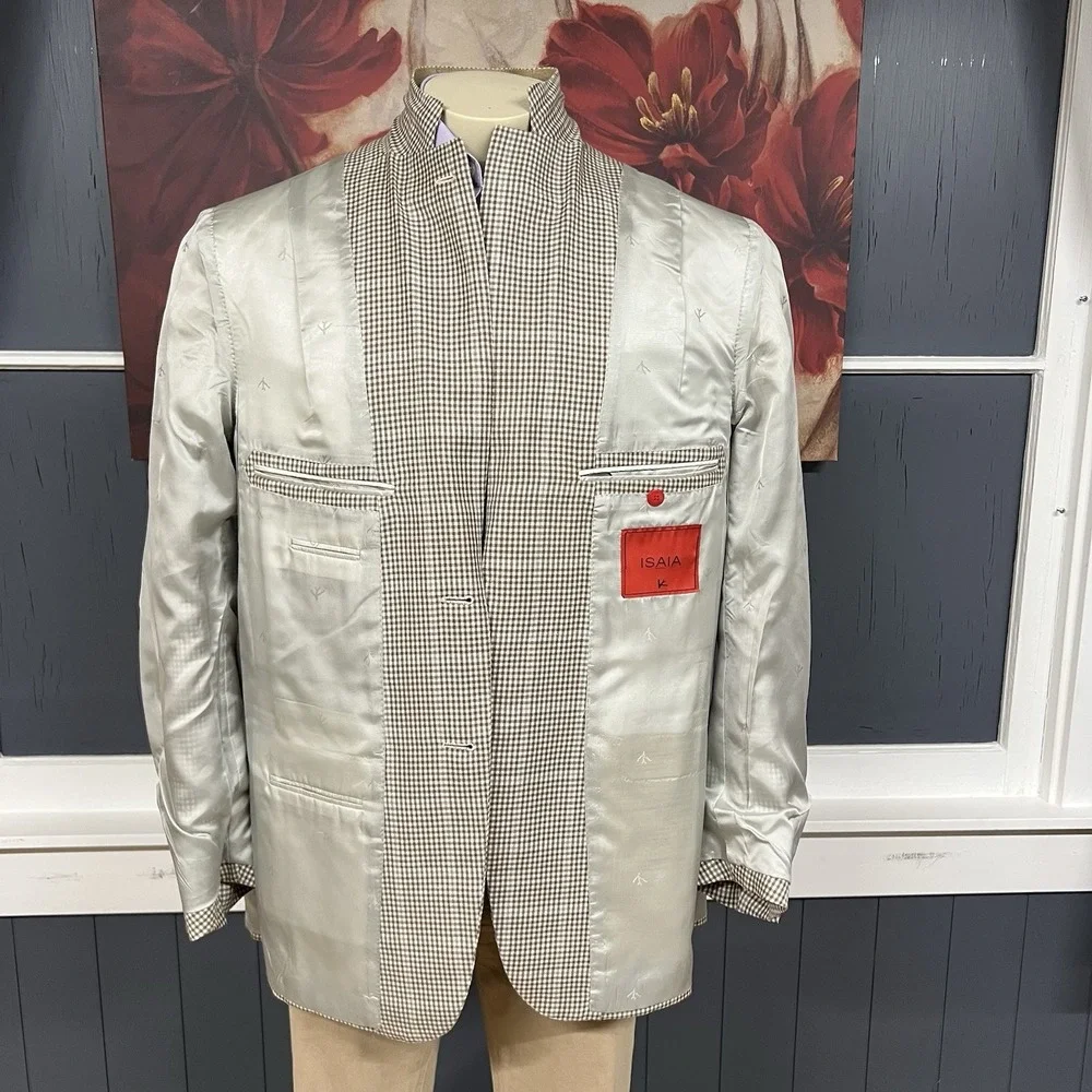 Isaia Napoli Wool Linen Blazer Jacket Sport Coat Mens 44L Long Beige/Brown/Blue